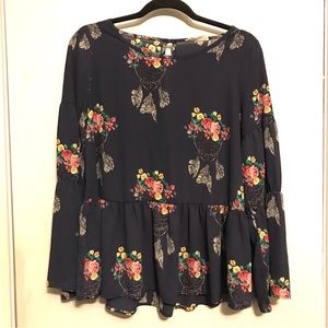 Peace Love Navy Blue Floral Blouse Top
